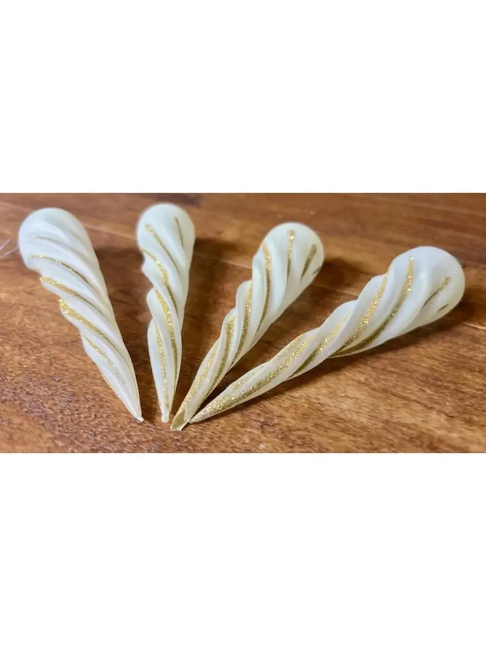 Set of 4 Vintage White Glass Icicle Christmas Ornaments with Gold Glitter Swirls